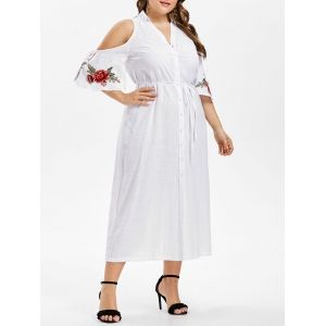 

Plus Size Bell Sleeve Embroidery Shirt Dress, White