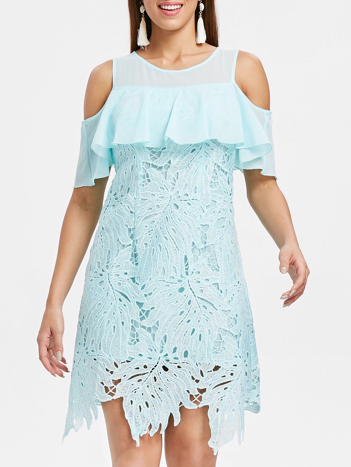 

Cold Shoulder Crochet Leaf Lace Dress, Light blue