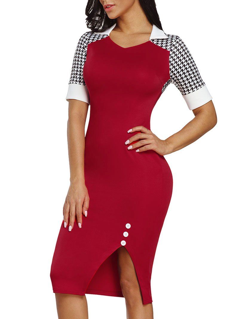 

Slit Houndstooth Sleeve Bodycon Dress, Red