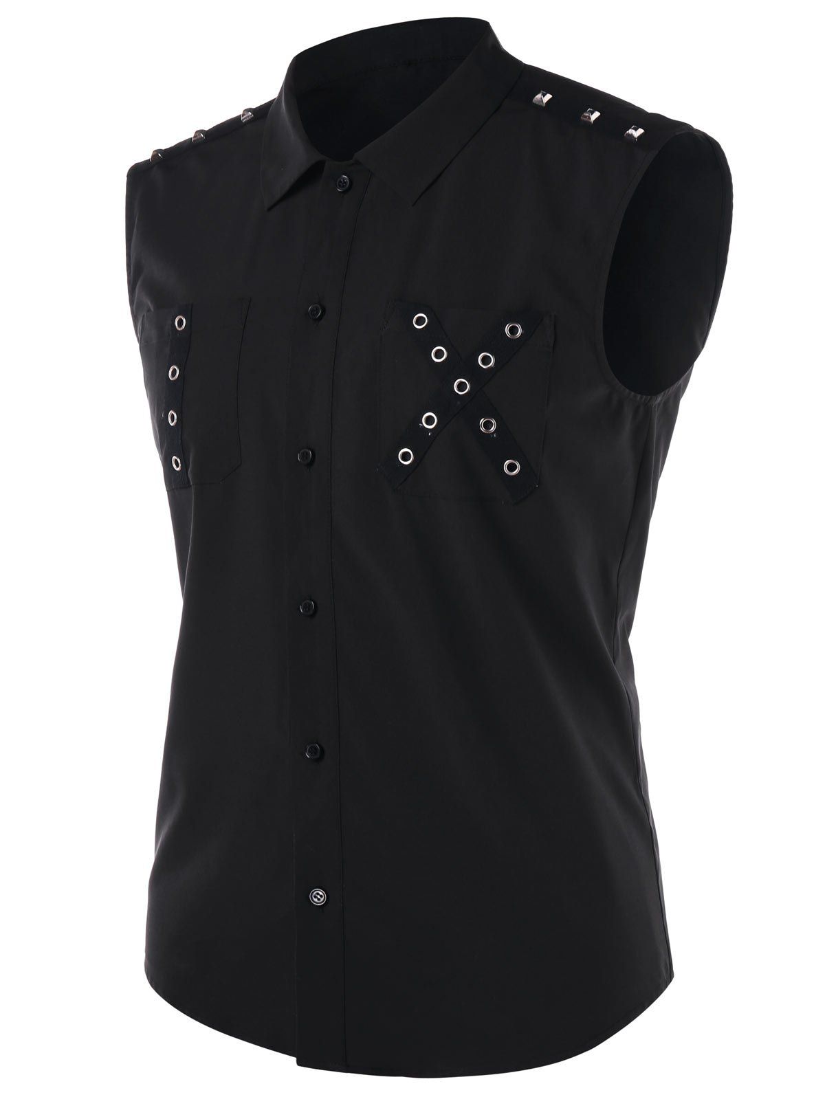 

Solid Color Sleeveless Round Hole Decorated Shirt, Black