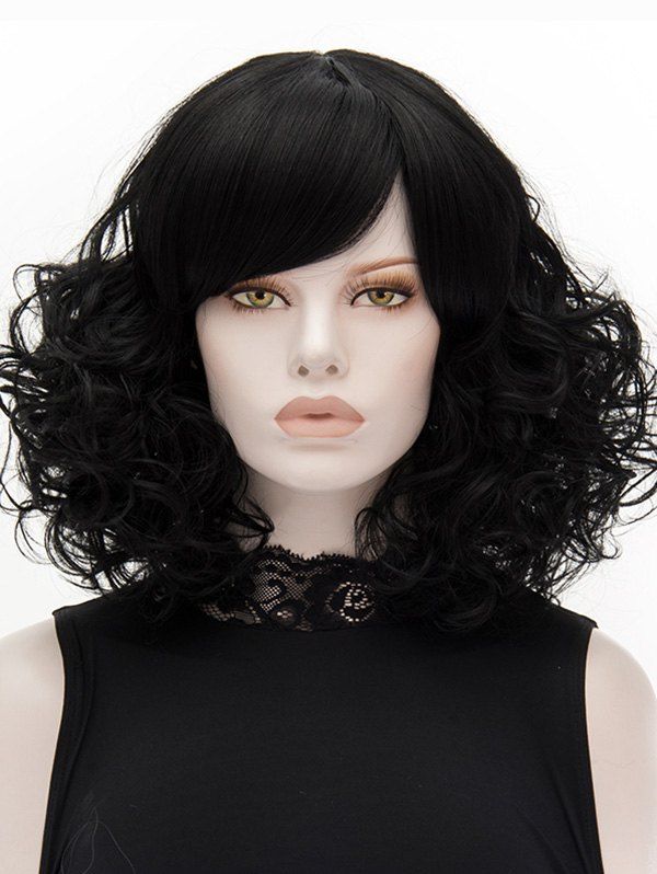 

Medium Side Bang Curly Heat Resistant Synthetic Wig, Black