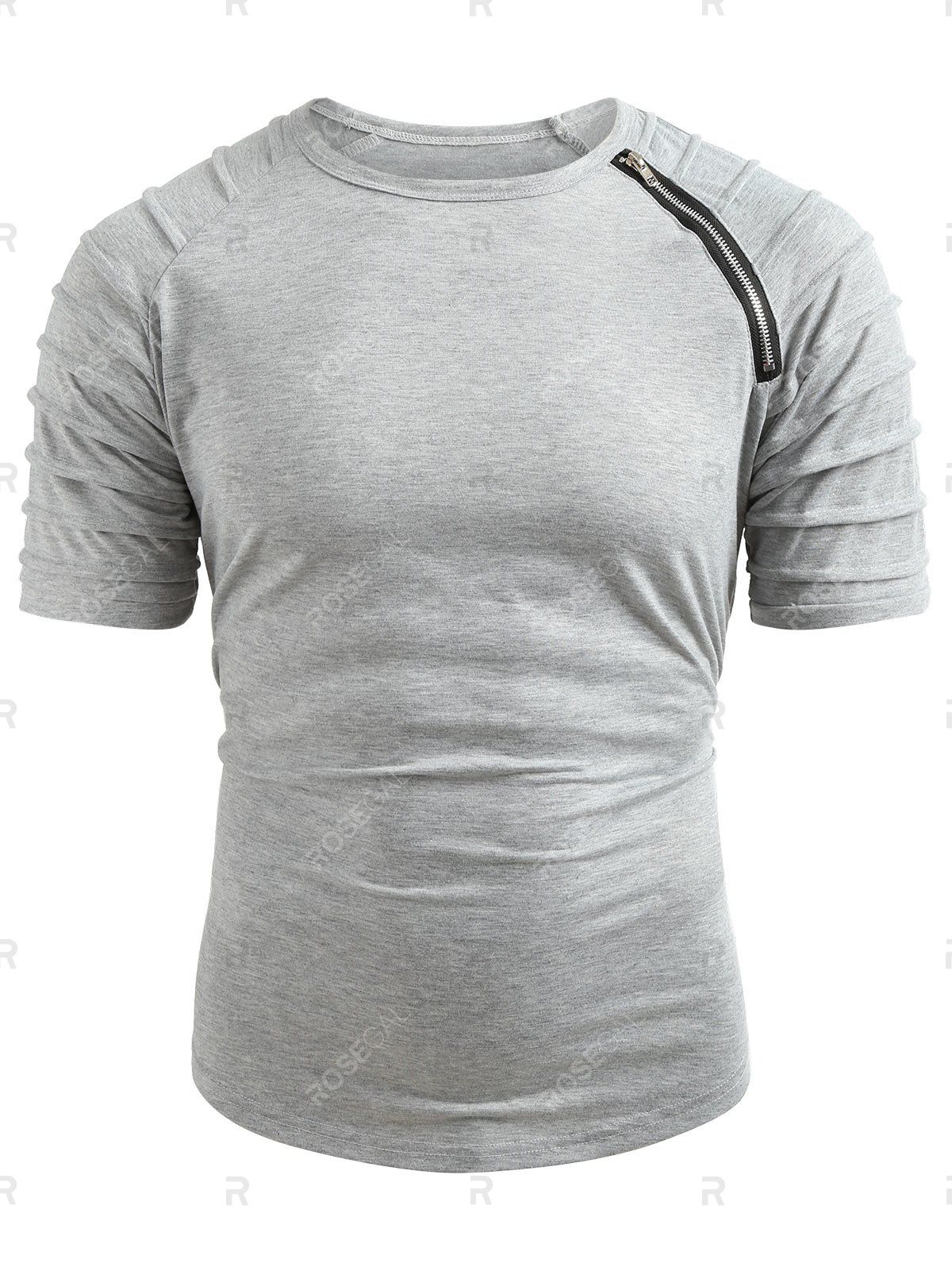 

Zipper Decor Pleated Sleeve Curved Hem T-shirt, Gray