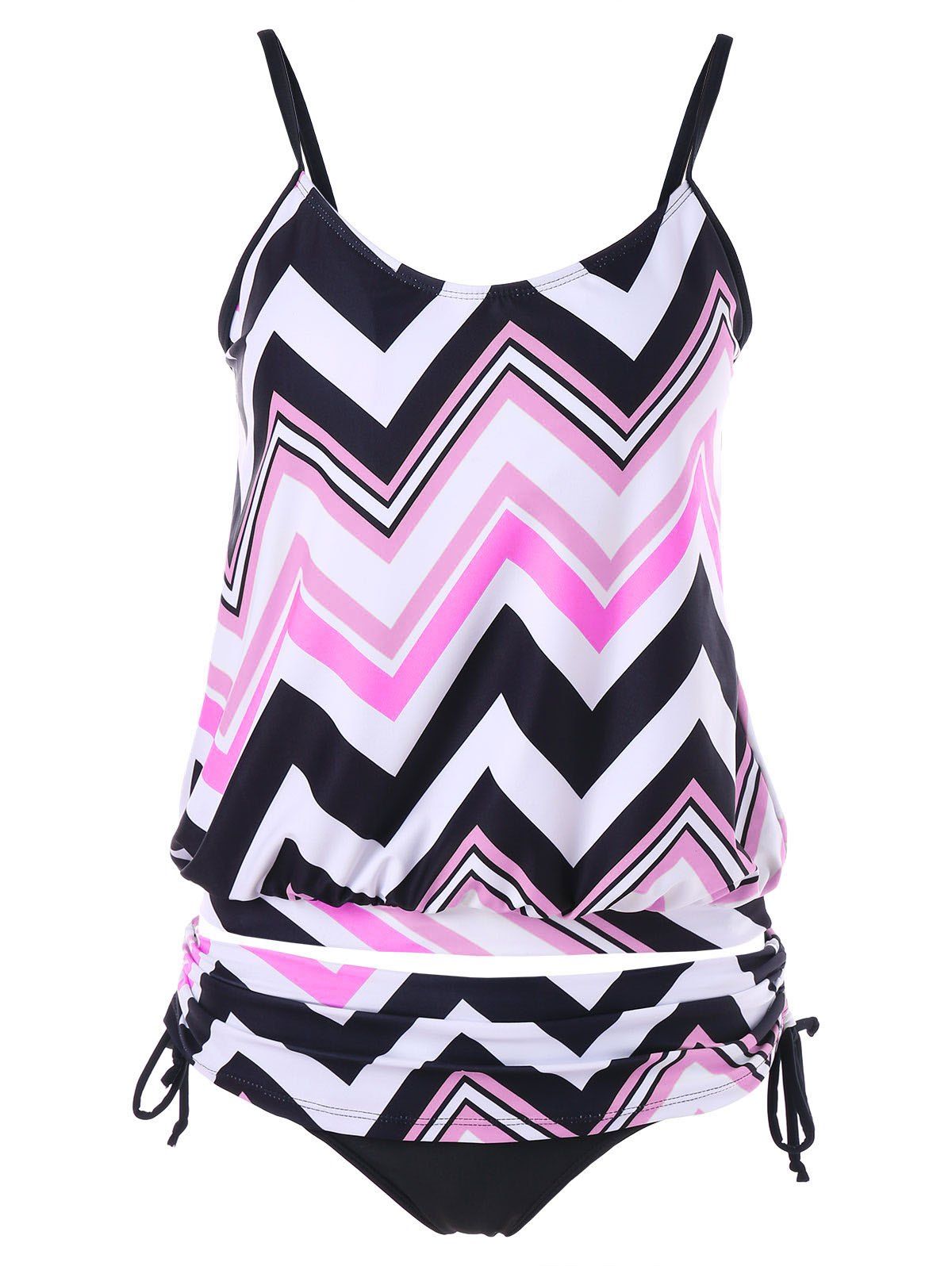 

Zigzag Ruched Blouson Tankini Set, Multi-b