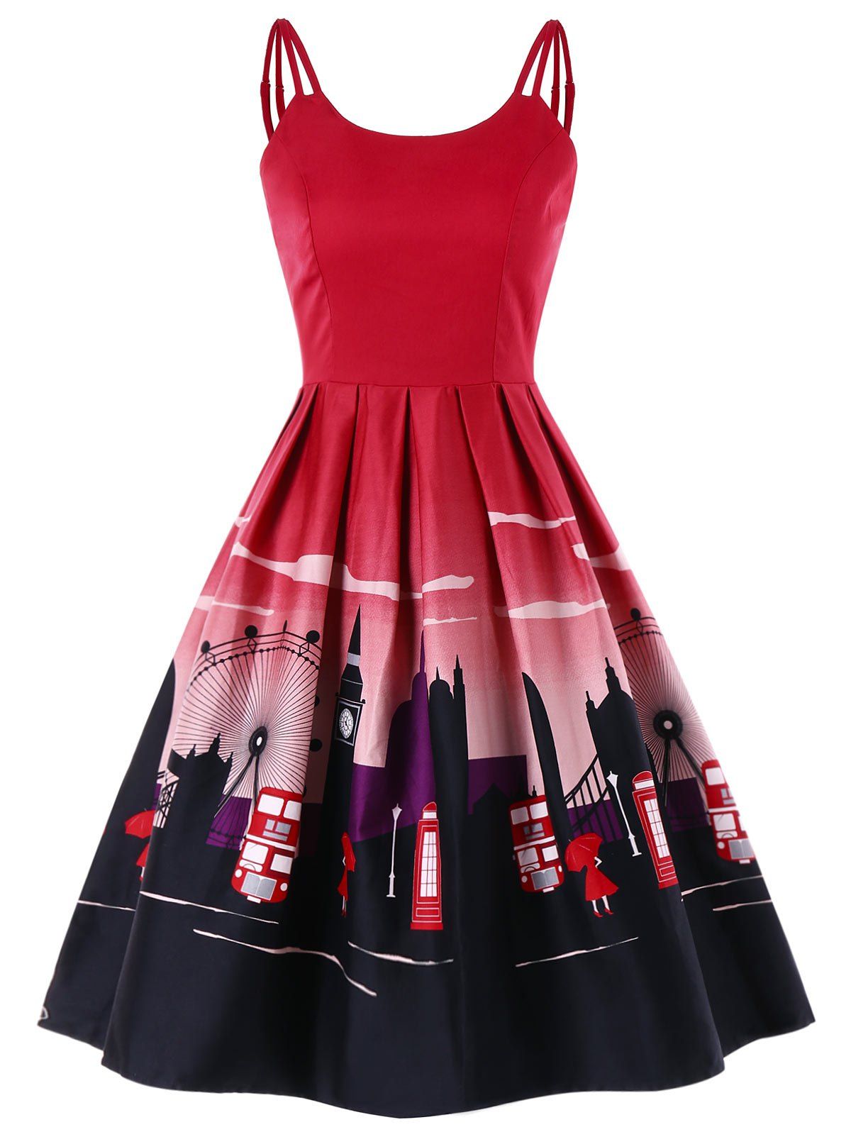 

Spaghetti Strap City Print Flare Dress, Red