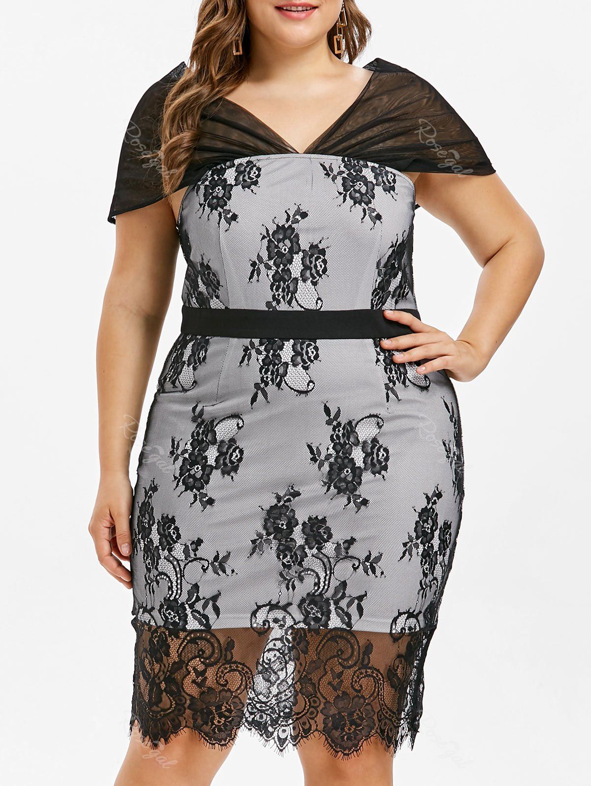 Plus Size Cap Sleeve Lace Bodycon Dress, Black