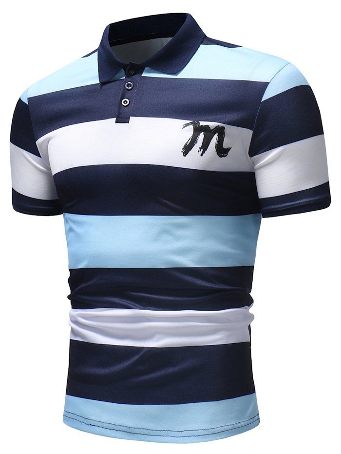 

Bold Horizontal Stripe Letter Print Polo Shirt, Light sky blue
