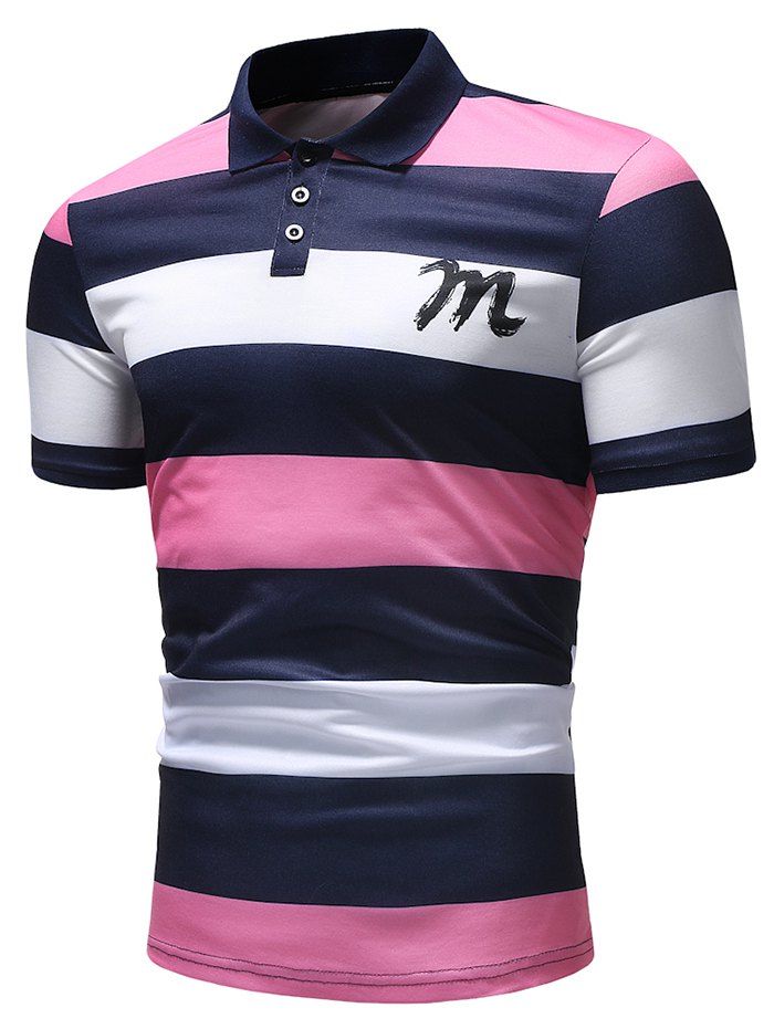 

Bold Horizontal Stripe Letter Print Polo Shirt, Hot pink