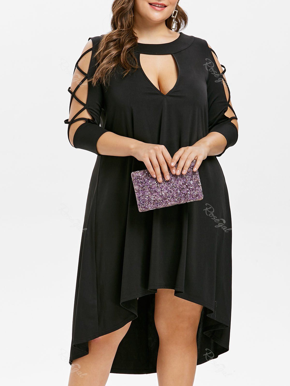 

Criss Cross Sleeve Plus Size Cut Out Mid Calf Dress, Black