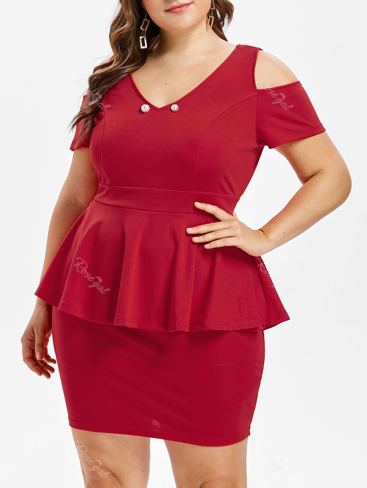 

Plus Size Cold Shoulder Ruffle Dress, Red