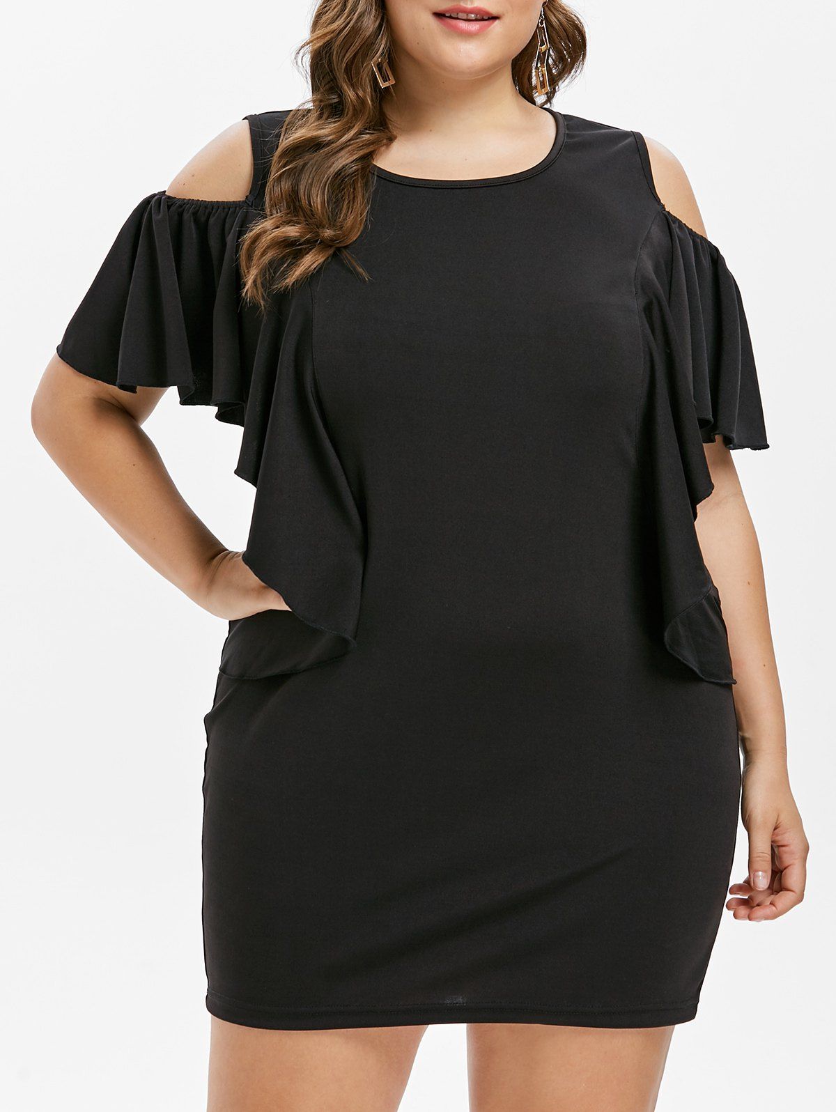 

Cold Shoulder Plus Size Flounce Insert Bodycon Dress, Black
