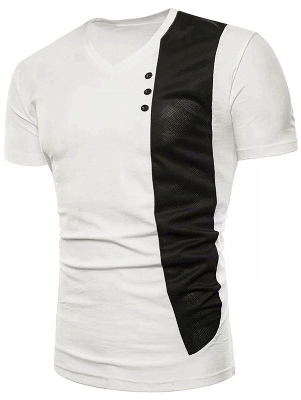 

Contrast Fabric Splicing Button Decor Short Sleeve T-shirt, White