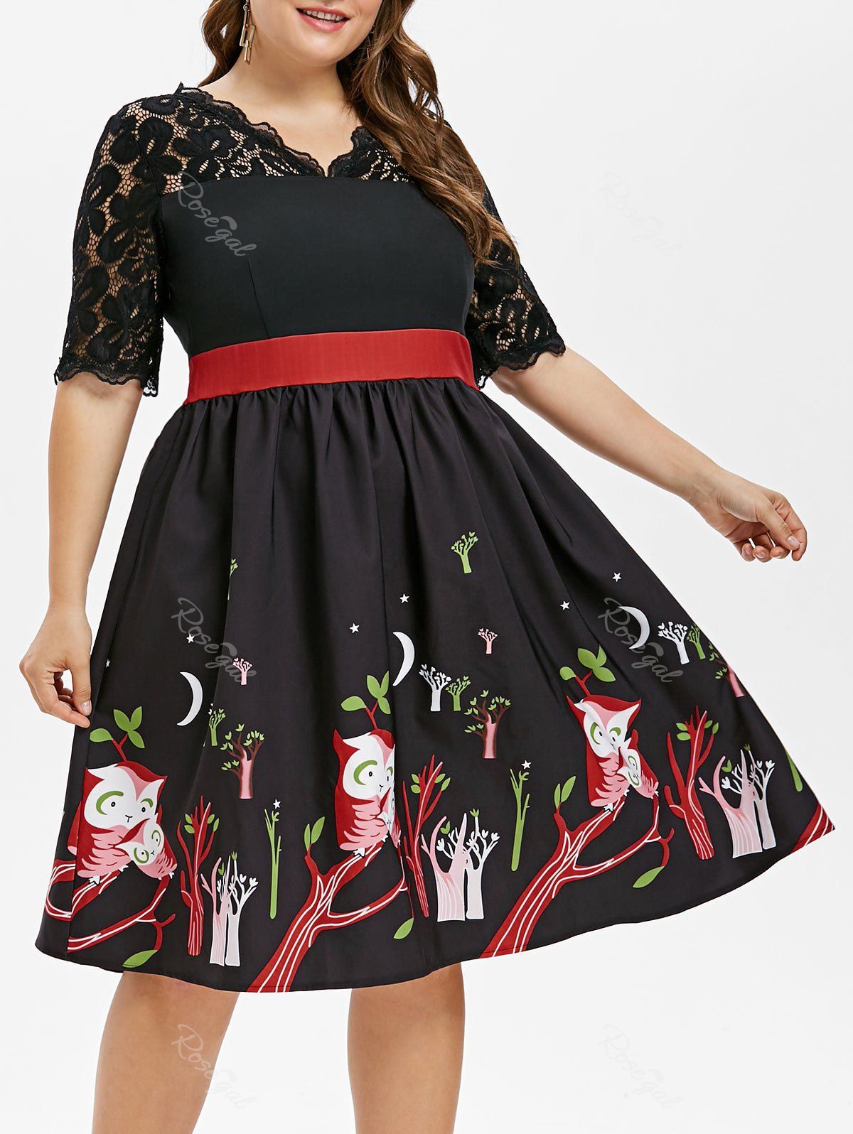 

Plus Size Owls Print Lace Insert Dress, Black