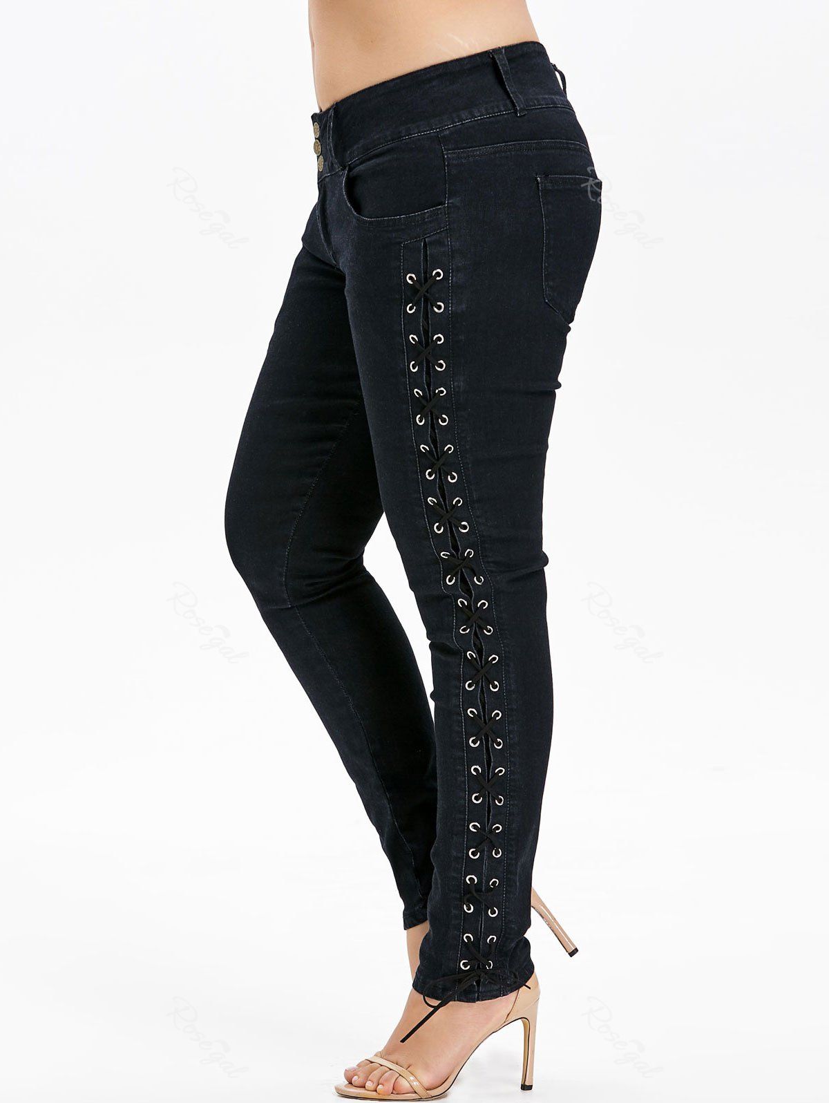 

Plus Size Lace Up Three Button Jeans, Black