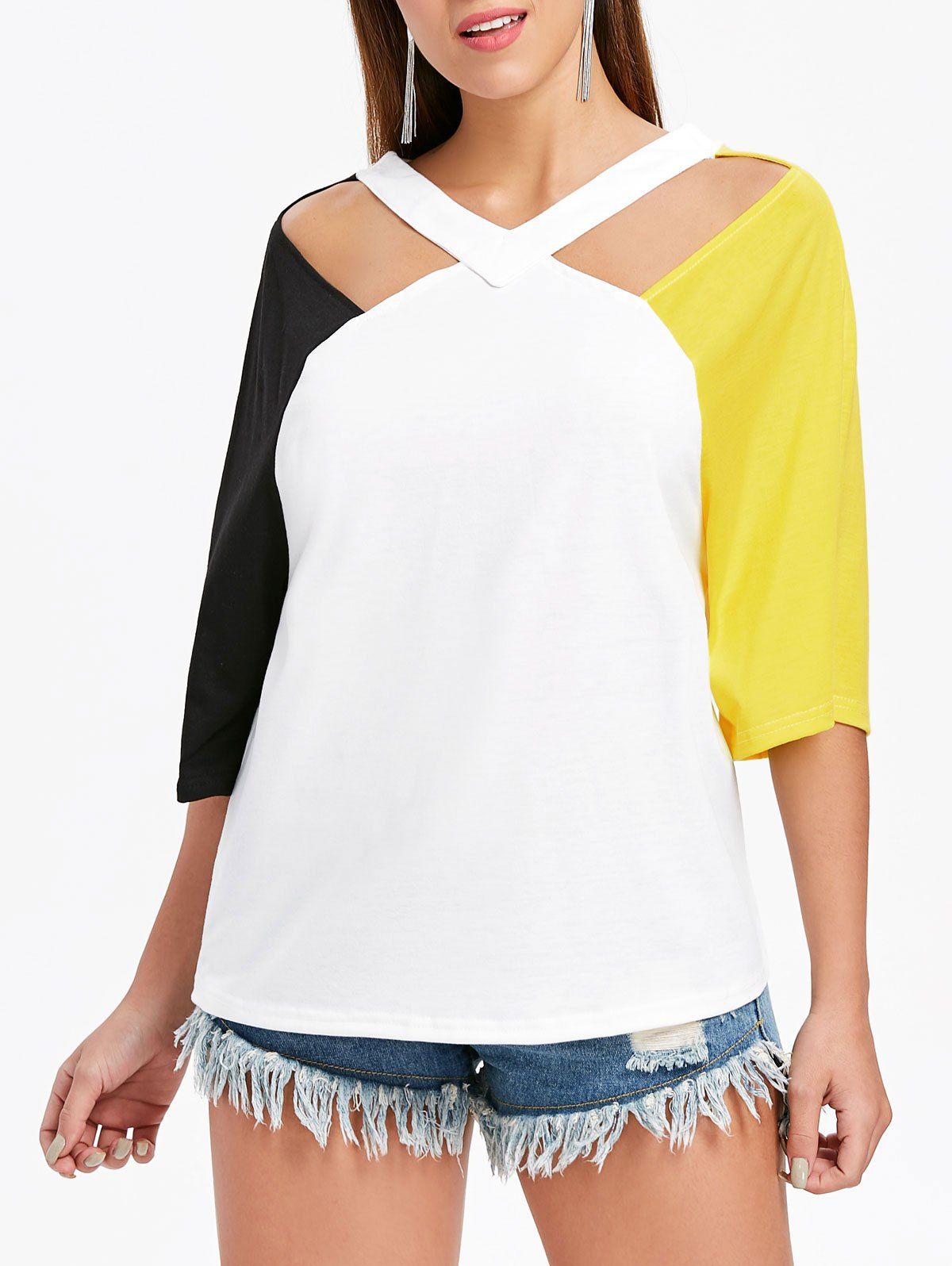 

V Neck Cut Out Plain T-shirt, Yellow