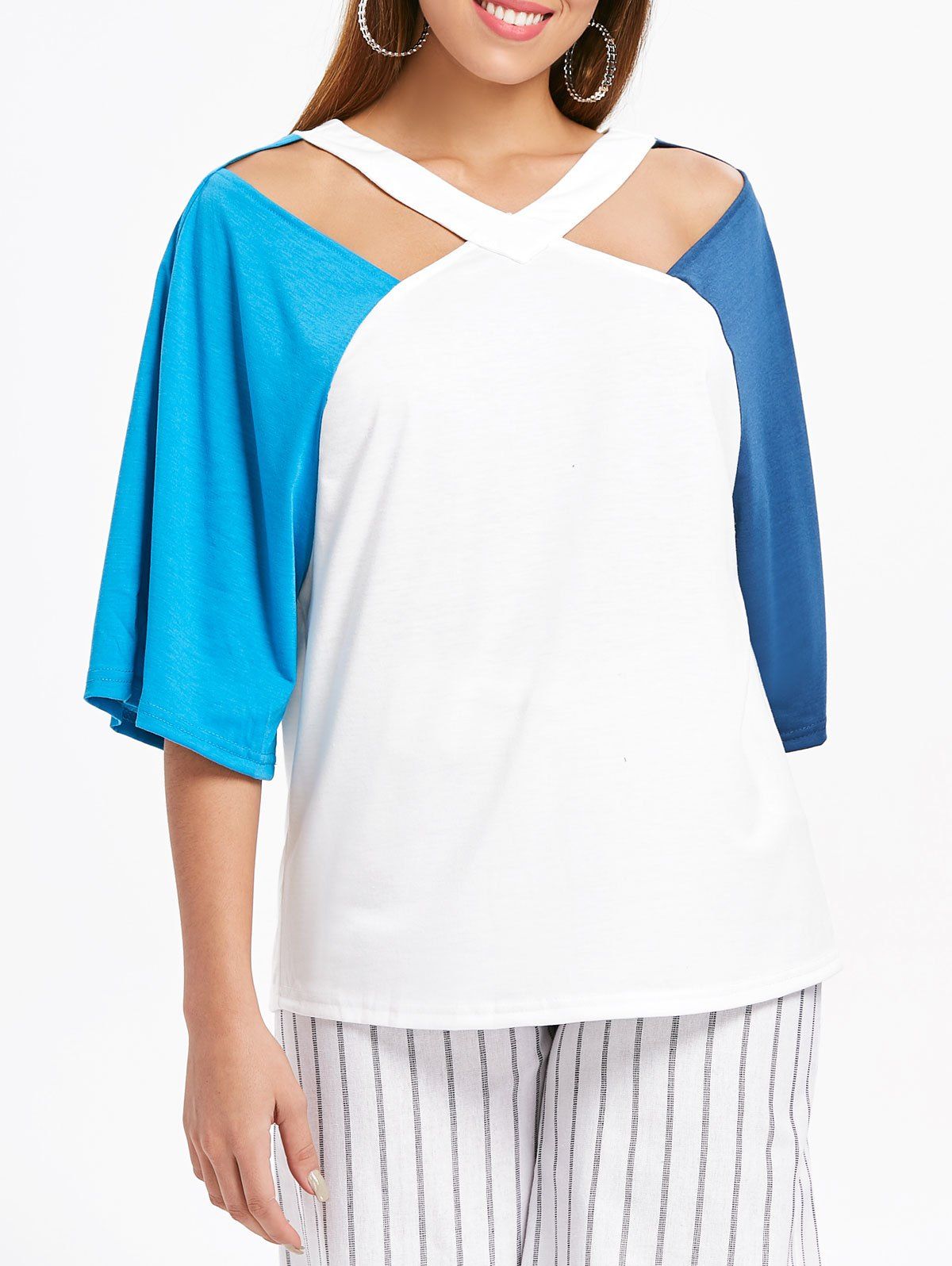 

V Neck Cut Out Plain T-shirt, Blue