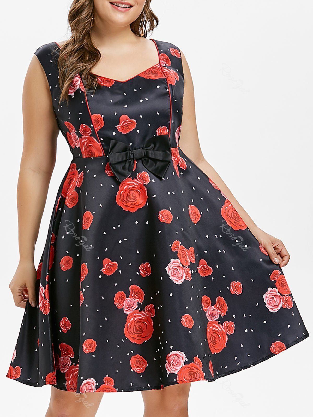 

Plus Size Rose Bowknot Dress, Red