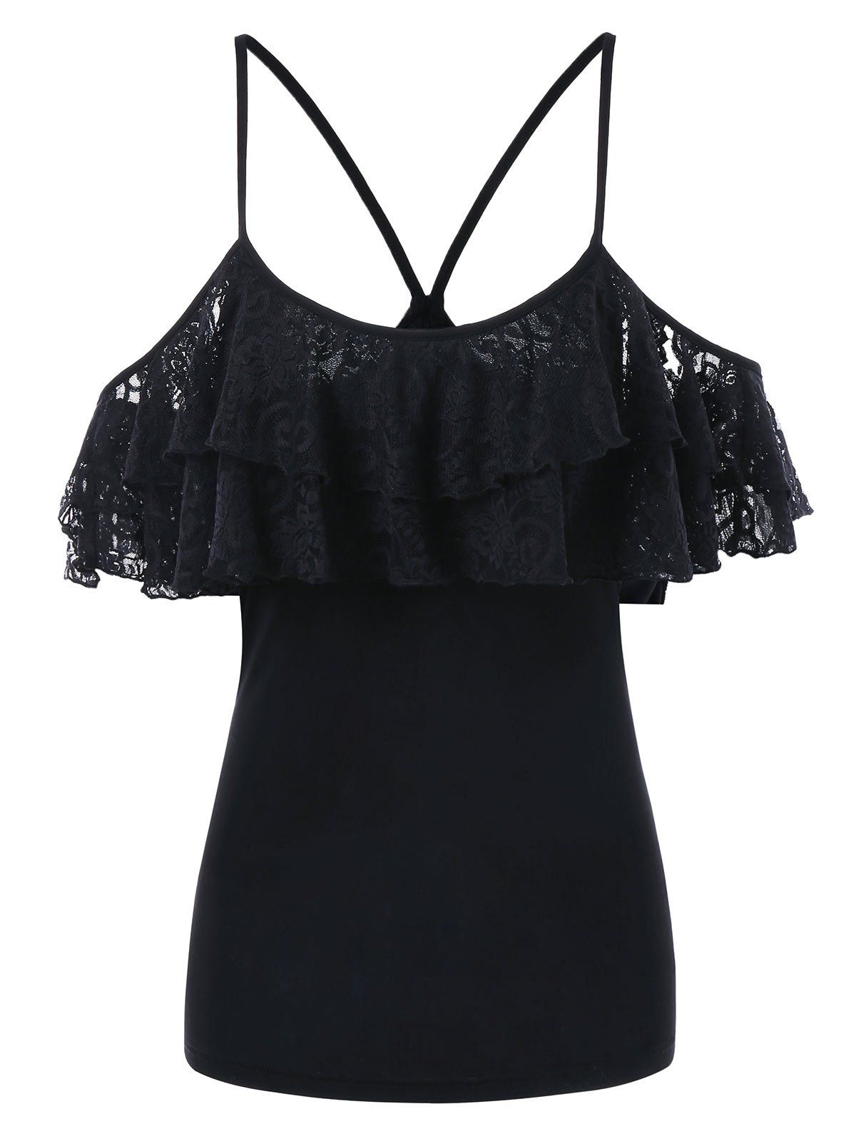 

Layered Lace Trim Cold Shoulder T-shirt, Black