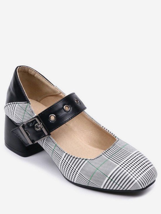 

Plus Size Mid Heel Plaid Retro Buckled Pumps, Black