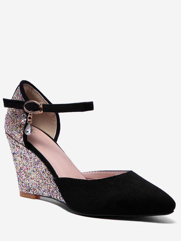 

Plus Size Pointed Toe Glitters Wedge Heel Pumps, Black