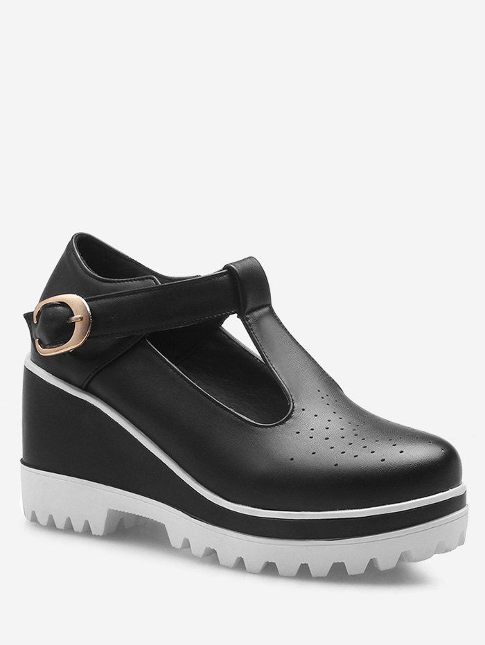 

Plus Size Hollow Out Casual Buckled Wedge Shoes, Black