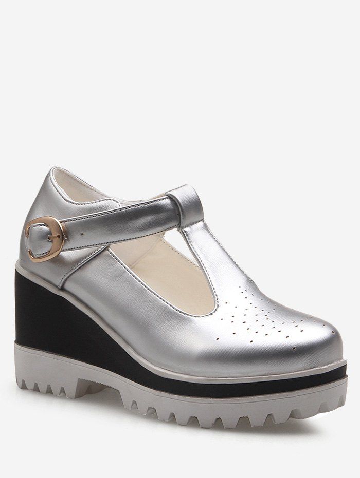 

Plus Size Hollow Out Casual Buckled Wedge Shoes, Silver