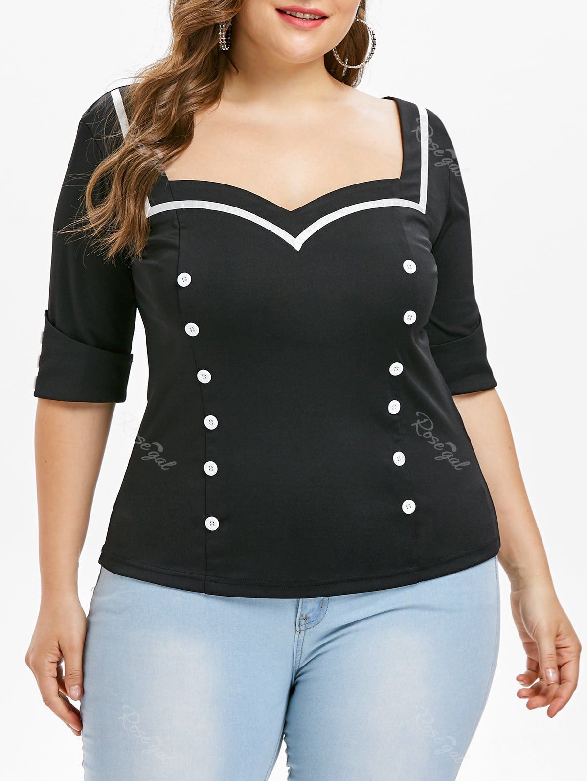 

Plus Size Sweetheart Neck Retro T-shirt, Black