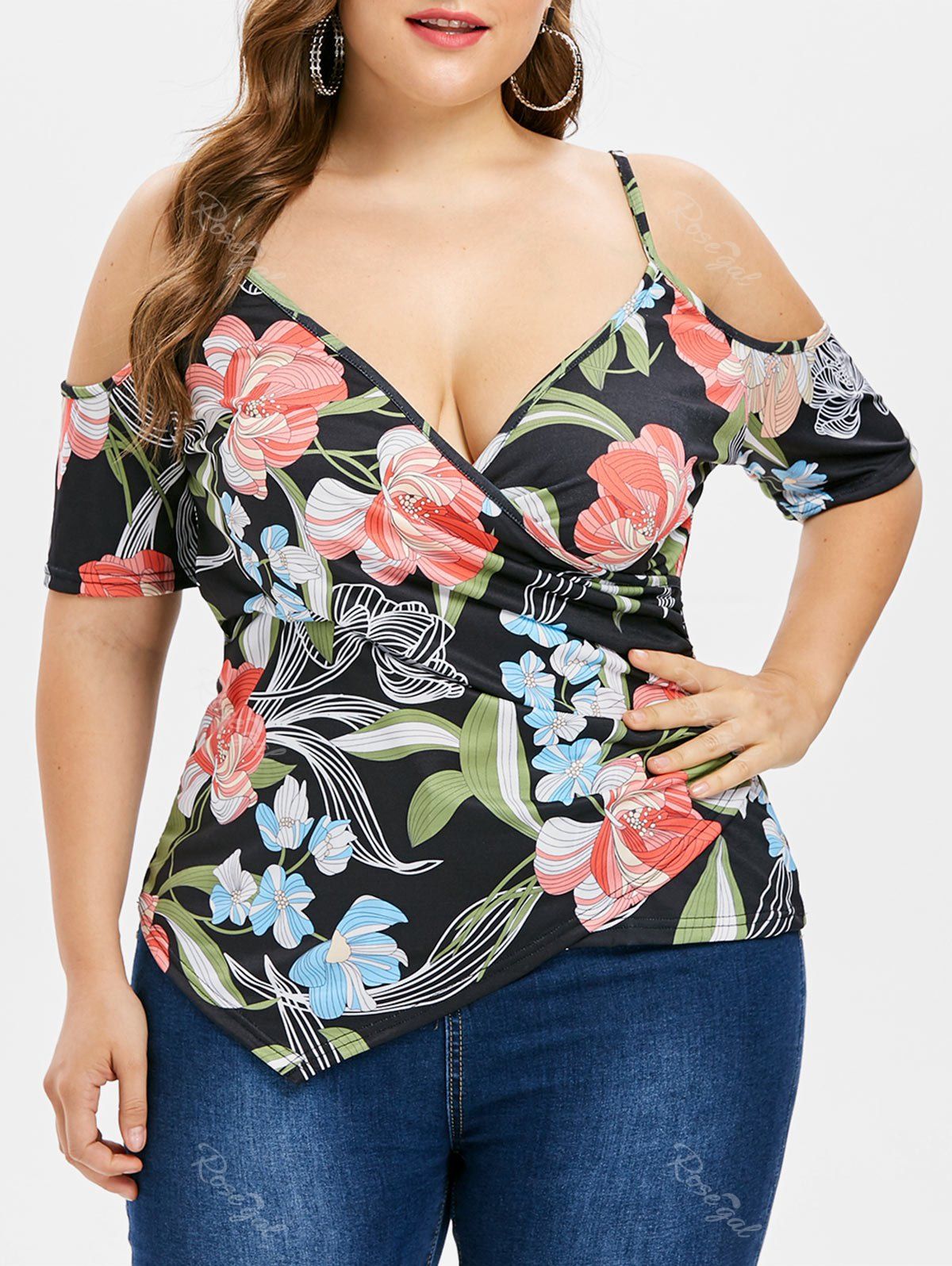 

Plus Size Floral Surplice T-shirt, Black