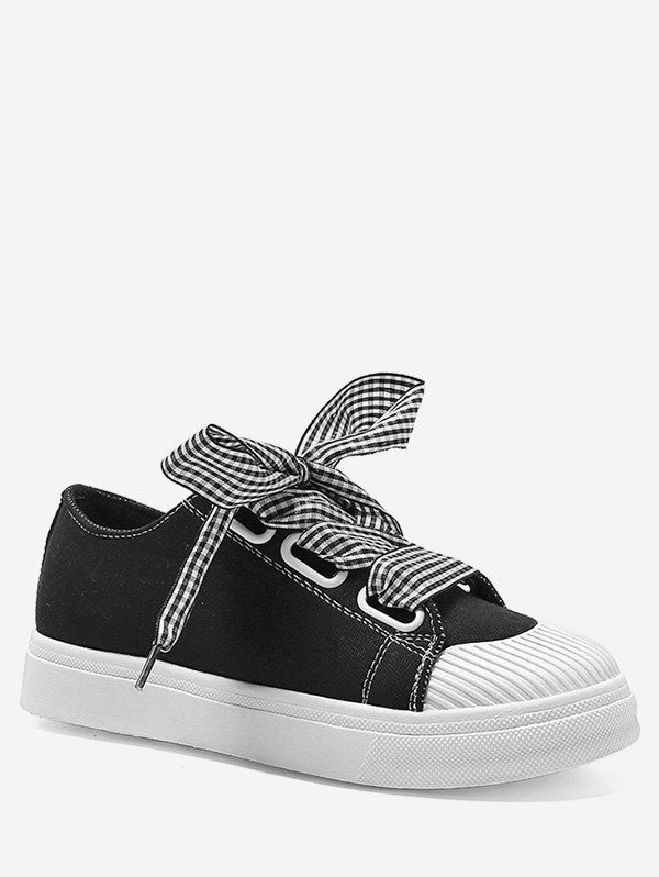 

Low Heel Lace Up Plaid Strap Leisure Sneakers, Black