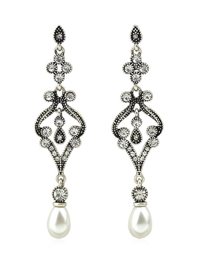 

Rhinestone Long Artificial Pearl Flower Design Hanging Earrings, Silver