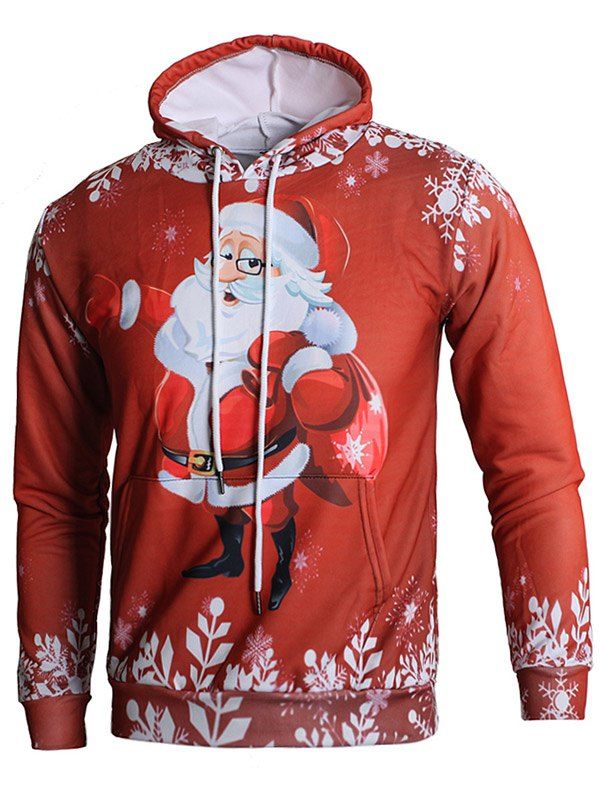 

Long Sleeve 3D Santa Claus Print Kangaroo Pocket Hoodie, Fire engine red