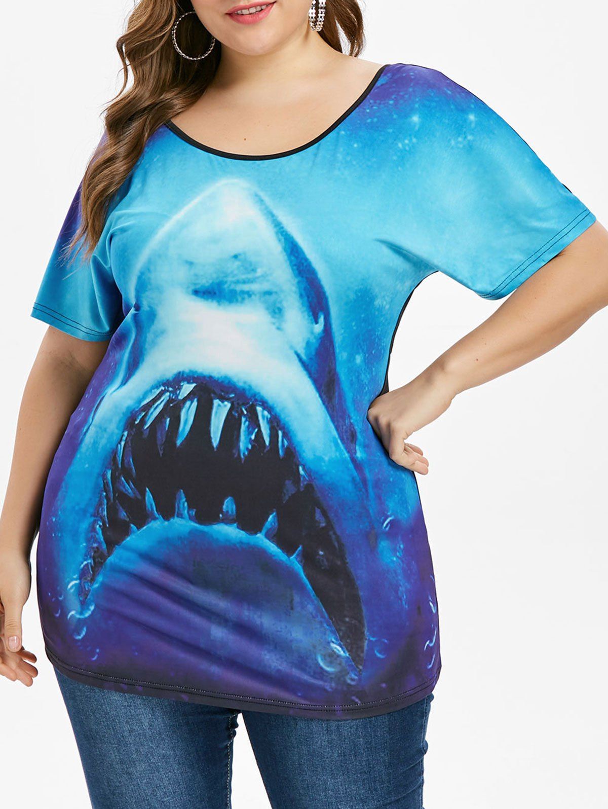

Plus Size Shark Print Twist Back T-shirt, Light blue