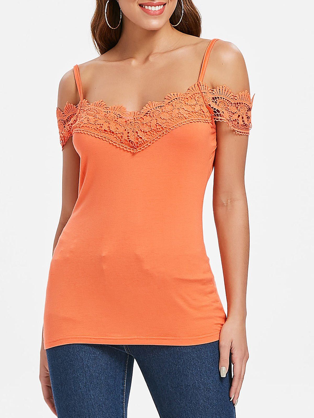 

Crochet Trim Cold Shoulder T-shirt, Papaya orange