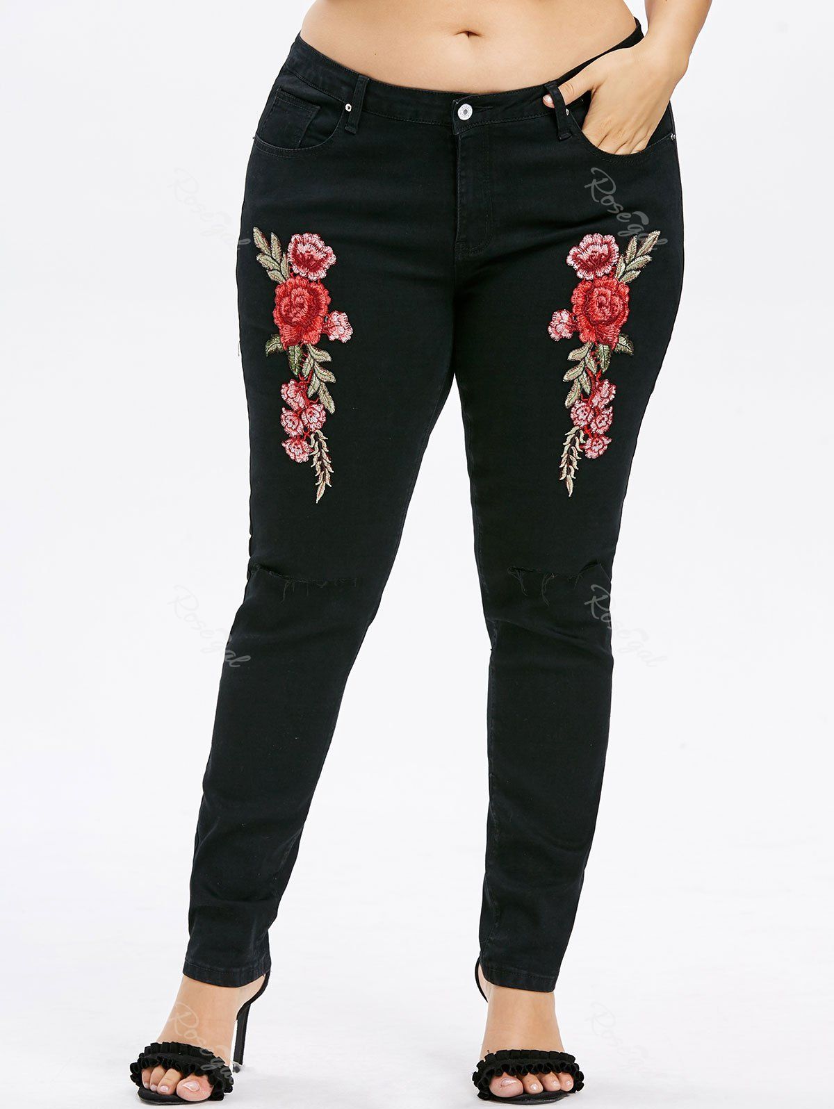 Buy Plus Size Embroidery Ripped Knee Jeans  