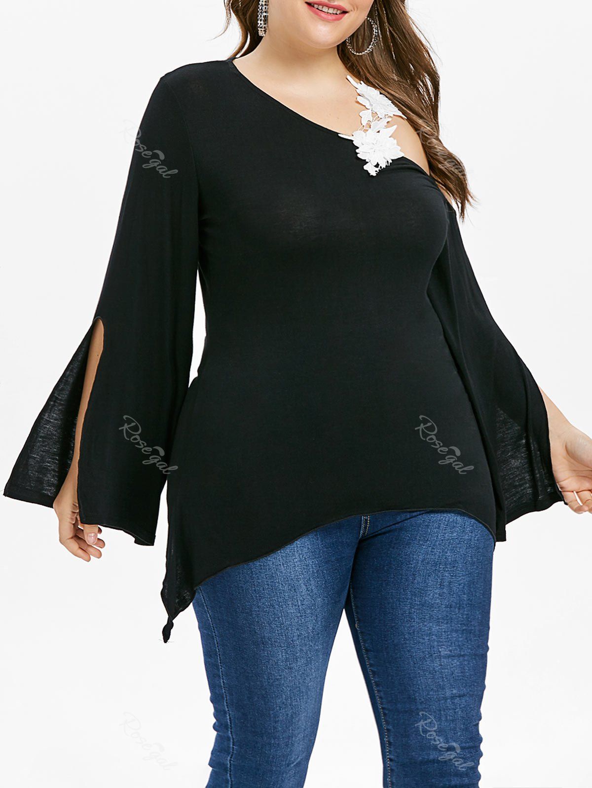 

Plus Size Flower Applique Asymmetrical T-shirt, Black