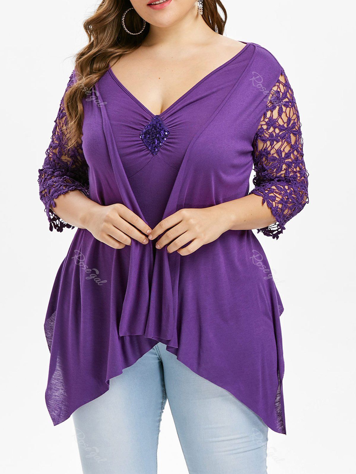 

Plus Size Faux Twinset Lace Insert Asymmetrical T-shirt, Purple iris