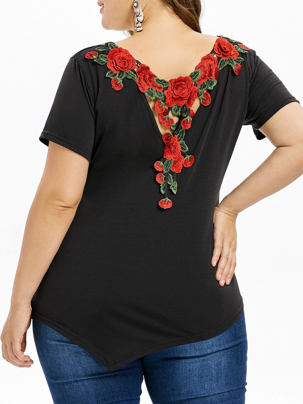 

Plus Size Flower Applique Asymmetrical T-shirt, Black