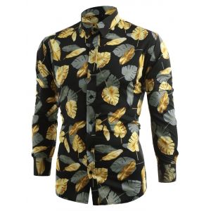 

Long Sleeve Allover Golden Leaves Printed Shirt, Black