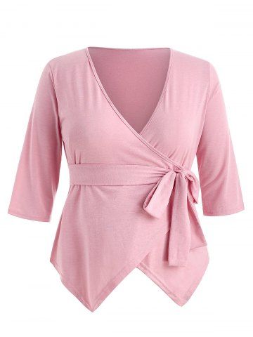 

Plus Size Belted Surplice Top, Light pink
