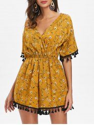 V Neck Tassels Floral Playsuit -  