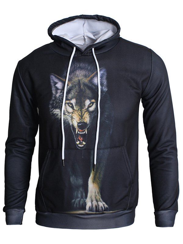 

Drawstring 3D Ferocious Wolf Print Hoodie, Black