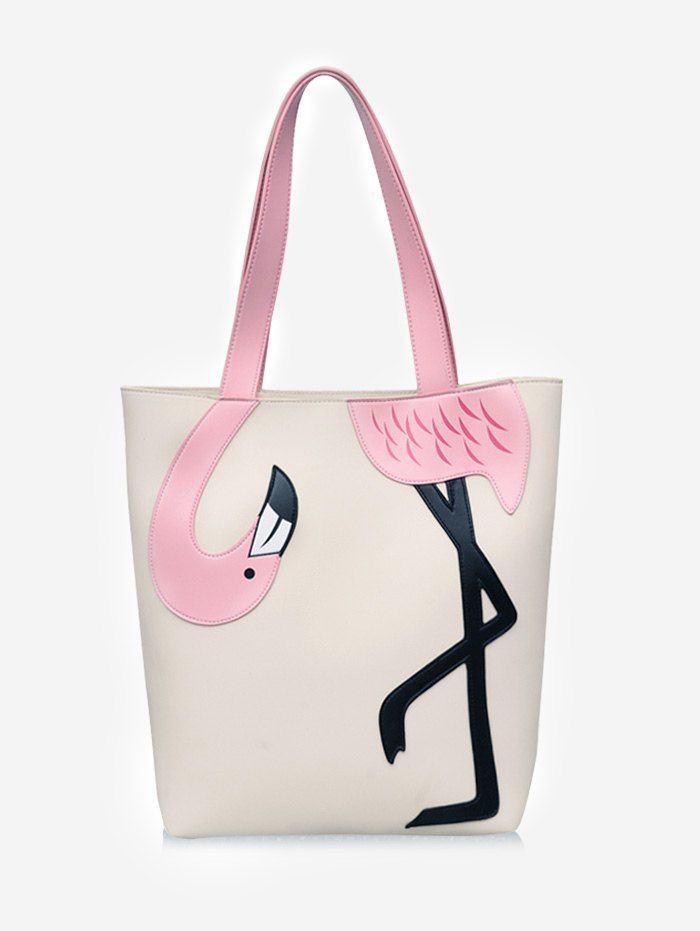 

Contrasting Color PU Leather Flamingo Decorated Shoulder Bag, Beige