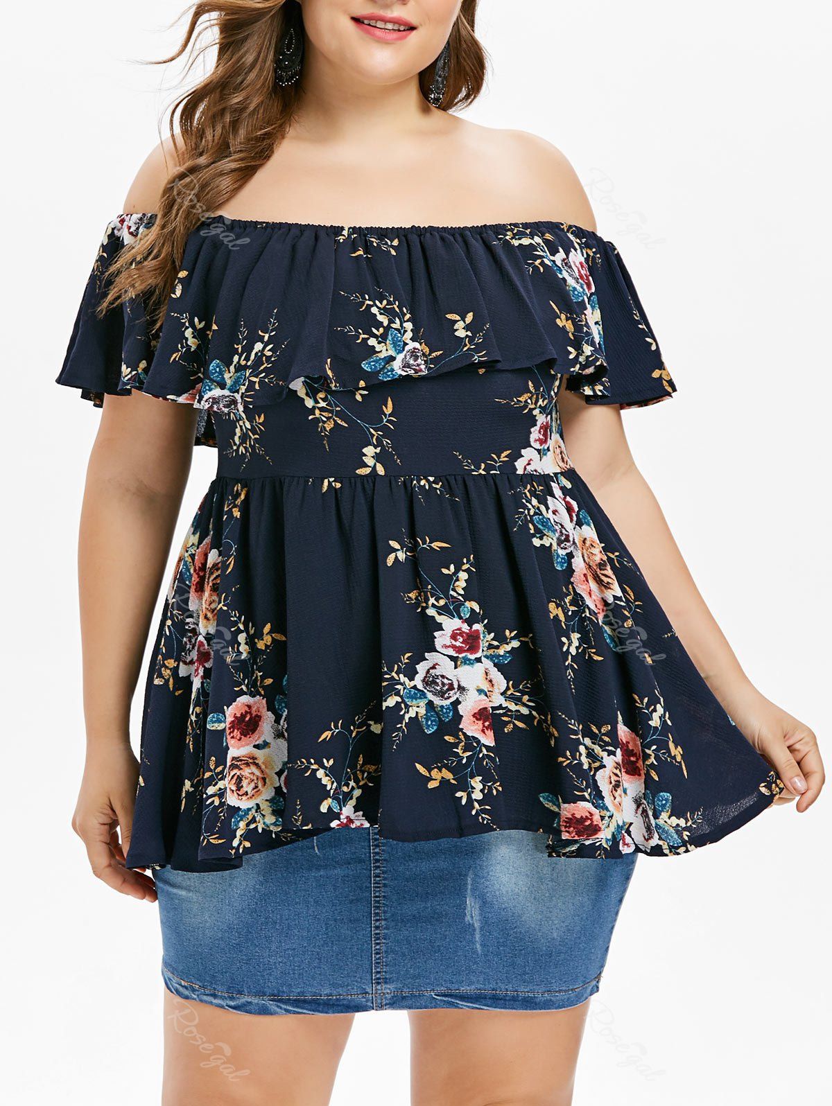 

Plus Size Off The Shoulder Flounce Blouse, Deep blue