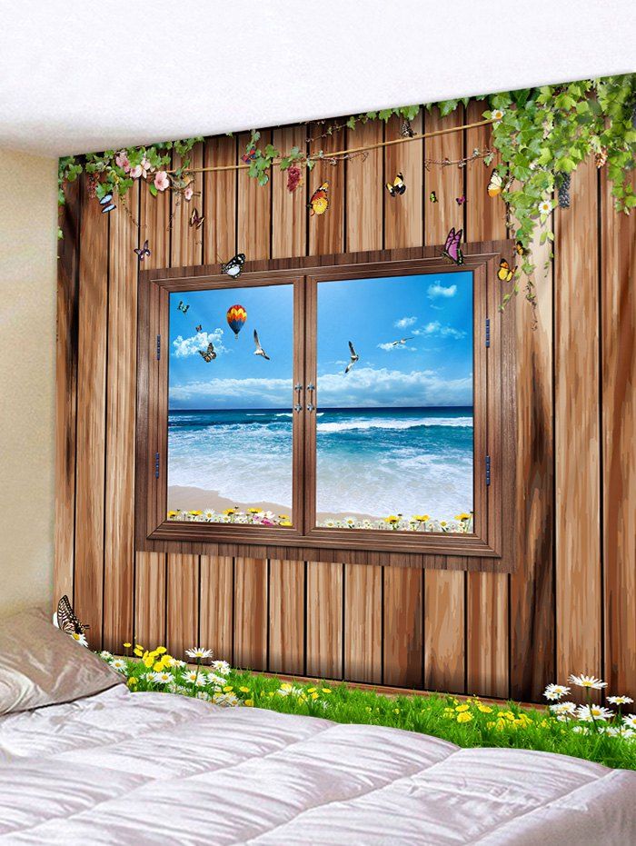 

3D Wood Background Window Seaside Print Wall Tapestry