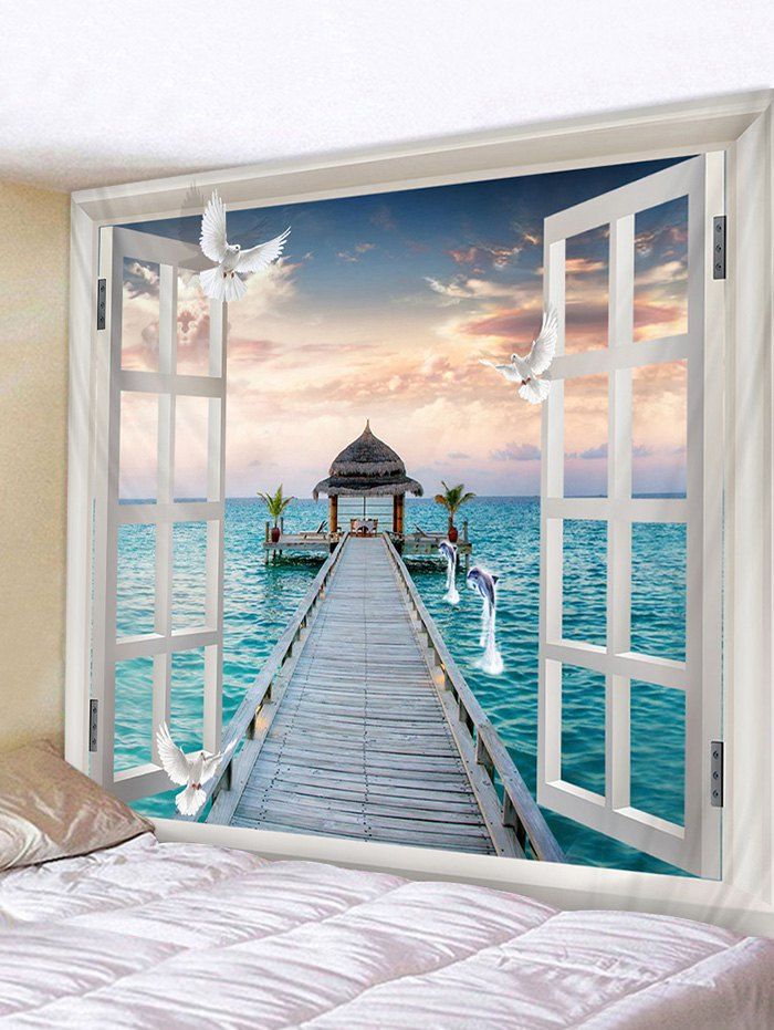 

Out of Window Sea Scenery Print Wall Hanging Tapestry, Ocean blue