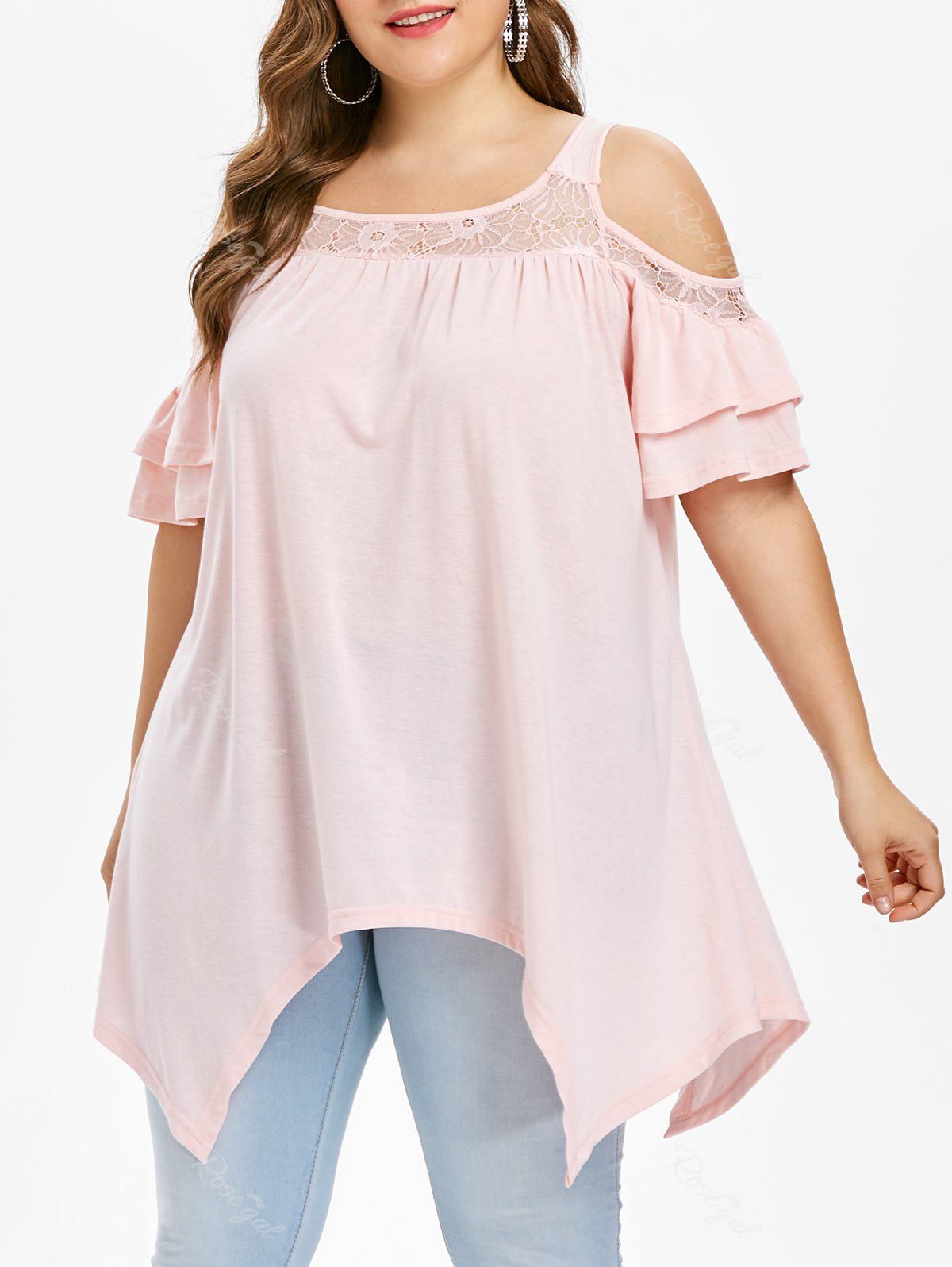 

Plus Size Lace Insert Handkerchief T-shirt, Light pink