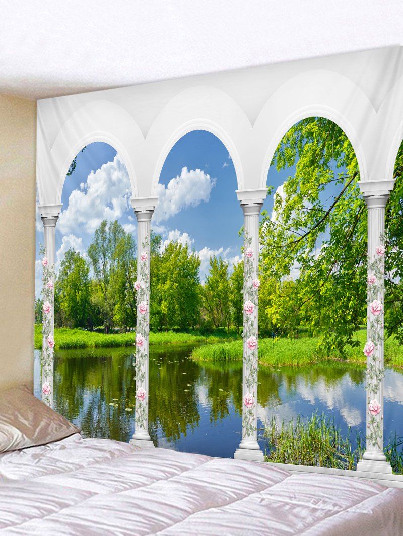 

Wall Hanging Art Lake Porch Scene Print Tapestry, Green