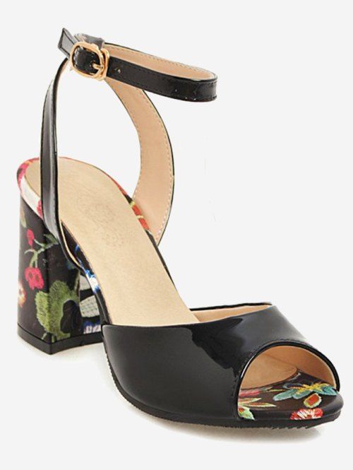 

Plus Size Block Heel Flower Ankle Strap Sandals, Black