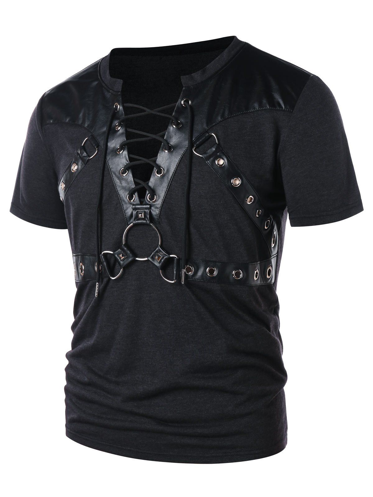 

Round Hold Decorated Panel Lace Up T-shirt, Black