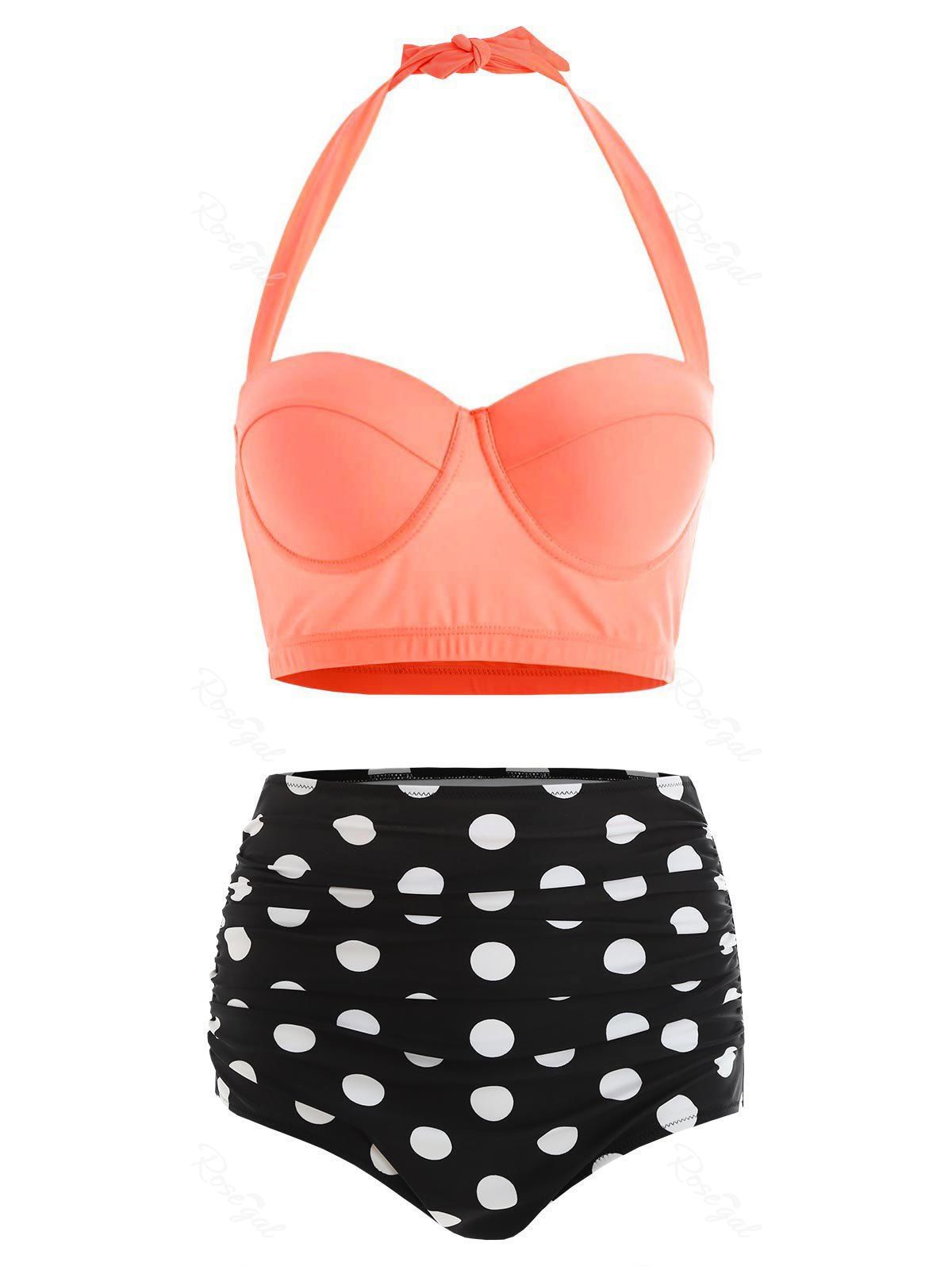 

Polka Dot Plus Size Halter High Waisted 50s Bikini, Sunrise orange