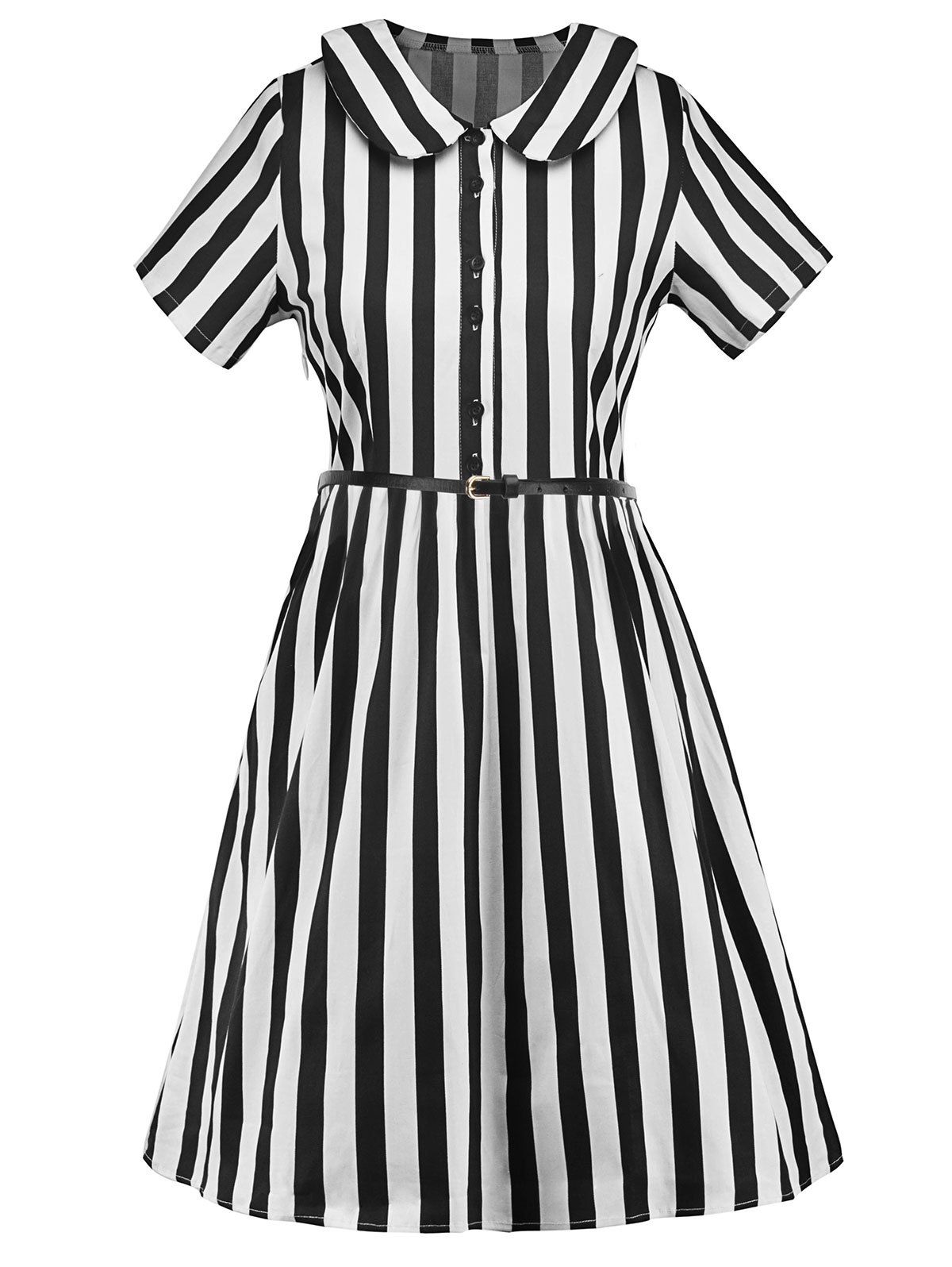 

Belted Striped Peter Pan Neck Dress, Black